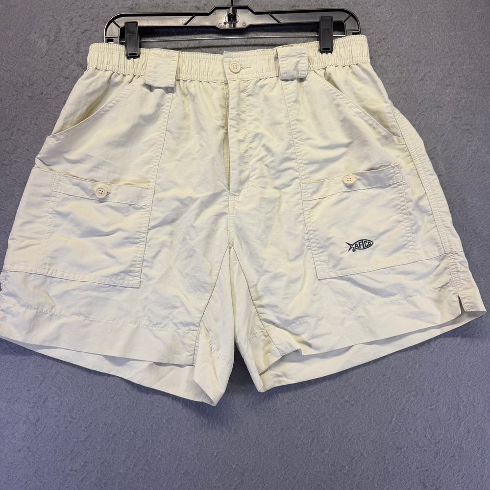 AFTCO Mens Original Fishing Shorts Cream Khaki Nylon Size 34 M01 Utility Pockets